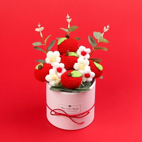 Handmade Crochet Knitted Fruit Flower Potted Plants Yarn Wool Artificial Strawberry Apple Desktop Decor Gift Box Novelty