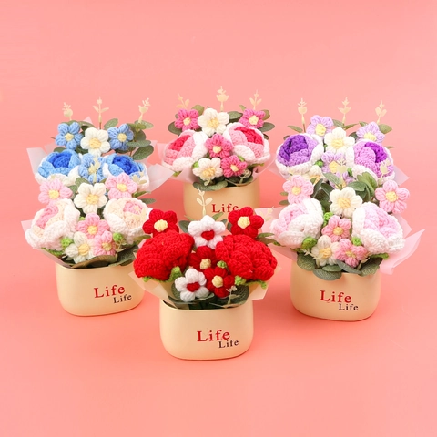 Handmade Crochet Knitted Rose Flower Potted Plant Artificial Flower Table Ornament Home Office Desktop Decoration Gift For Women