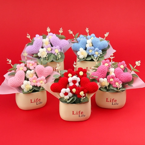Plante En Pot De Fleurs Au Crochet À La Main Fleurs Tricotées En Forme De Cœur Décoration De Bureau Cadeau Créatif