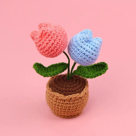 Planta En Maceta De Tulipán De Ganchillo Hecha A Mano Flor Artificial Tejida Decoración De Escritorio Regalo Para Hogar Oficina