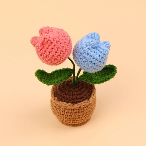 Planta En Maceta De Tulipán De Ganchillo Hecha A Mano Flor Artificial Tejida Decoración De Escritorio Regalo Para Hogar Oficina