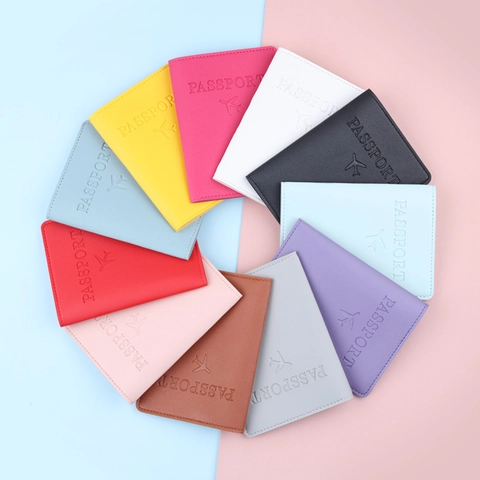 RFID Blocking PU Leather Passport Holder Travel Wallet For Passport Cards Documents Plain Color Plane Embossing Unisex Accessory