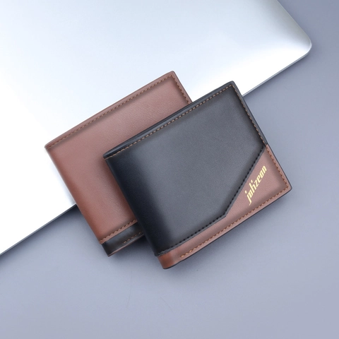 Men's Business PU Leather Short Bi-fold Wallet Multi-card Slots Zipper Pocket Contrast Color Stitched Horizontal Purse