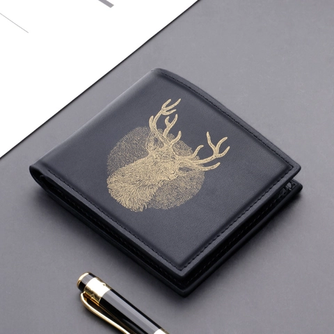 Portefeuille Court Bifold pour Homme en Cuir PU Minimaliste Avec Imprimé Tête de Cerf Multi Emplacements Cartes Ultra Mince Mode Affaires