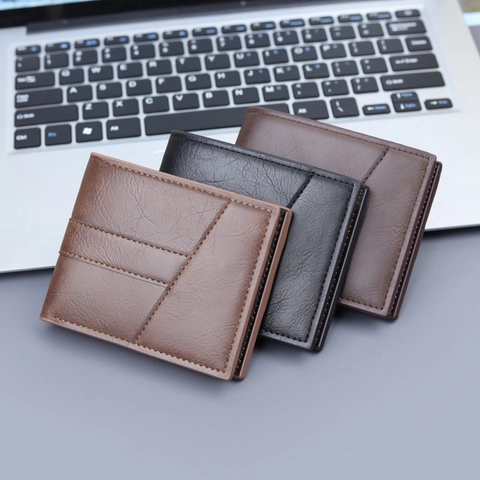 Men Short Trifold Wallet PU Leather Business Card Holder Multi Slot Purse With Zipper Pocket For Cash Driver's License Minimalist Stitching Design