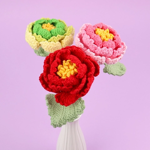 Hand Crocheted Peony Flower Yarn Knitted Artificial Flower Stem For Home Wedding Decor Realistic Handmade Floral Gift