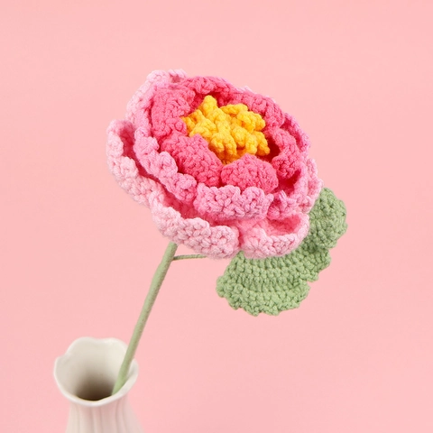 Hand Crocheted Peony Flower Yarn Knitted Artificial Flower Stem For Home Wedding Decor Realistic Handmade Floral Gift