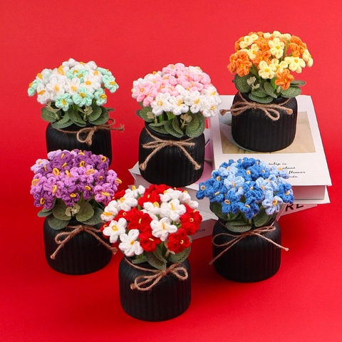 Handgemachte Häkelblumen Topfpflanzen Künstliche Vergissmeinnicht Aus Garn Tischdeko Schreibtisch Ornament Geschenk