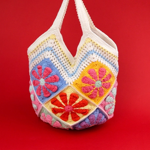 Handgefertigte Häkel-Einkaufstasche Baumwollgarn Granny Square Blumenmuster Böhmische Lässige Strand-Umhängetasche Für Frauen