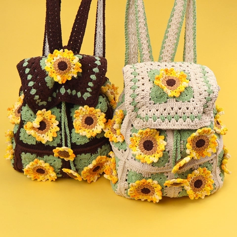 Handgefertigter Häkelrucksack Sonnenblume Gestrickt Floral Großes Fassungsvermögen Kordelzug Reiserucksack Damen