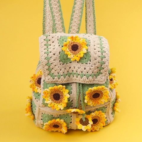 Handgefertigter Häkelrucksack Sonnenblume Gestrickt Floral Großes Fassungsvermögen Kordelzug Reiserucksack Damen