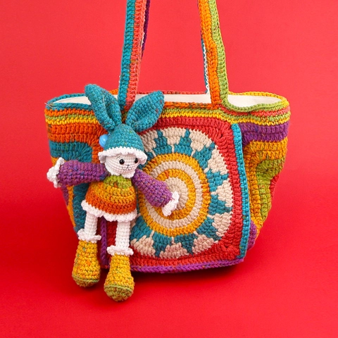 Borsa Tote Maglia Crochet Donna Motivo Geometrico Boho Borsa A Spalla Con Ciondolo Coniglio Carino