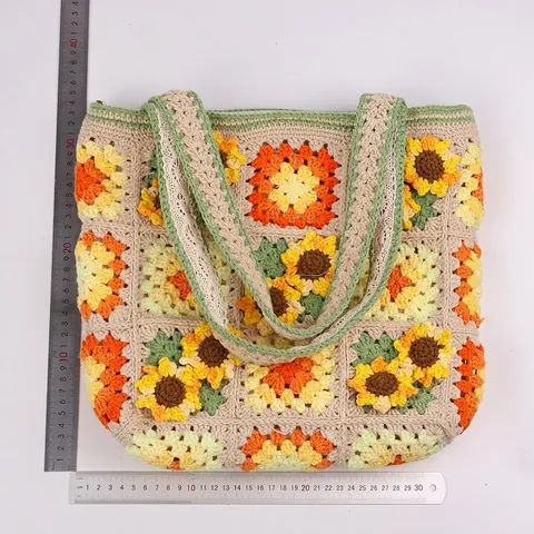 Sac Fourre-tout Au Crochet Tournesol Fait Main Sac À Épaule Tricoté Floral Style Boho Vintage Femme