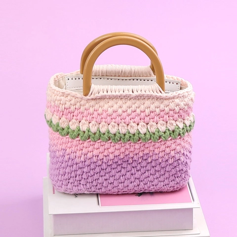 Borsa A Mano All'uncinetto Fatta A Mano Filo Di Cotone Fiore Di Tulipano Strisce Colorate Stile Boho Manico Tondo Mini Borsa Donna
