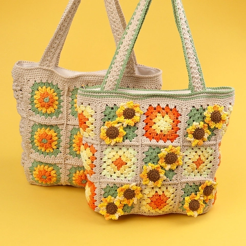 Sac Fourre-tout Au Crochet Tournesol Fait Main Sac À Épaule Tricoté Floral Style Boho Vintage Femme