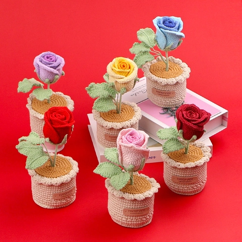 Crochet Rose Potted Plant Handmade Knitted Yarn Flower Ornament Home Table Decor Gift For Girlfriend