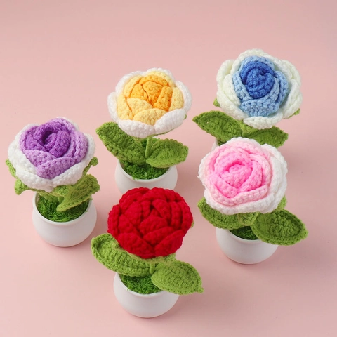 Handmade Crochet Rose Artificial Potted Plant Yarn Knitted Flower Desktop Car Ornament Valentine Day Mother Day Gift Home Decor