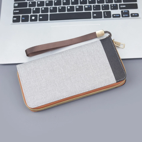 Men's Long Canvas Wallet Color Block Zipper Clutch Bag With Wristlet Strap Minimalist Large Capacity Card Holder Organizer