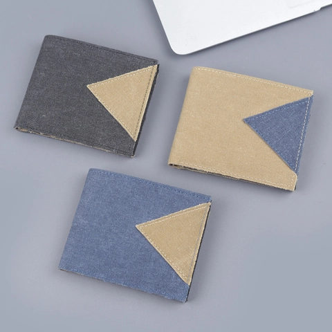 Men's Vintage Canvas Denim Bi-fold Wallet Minimalist Short Purse Multiple Card Slots Color Contrast Patchwork Design