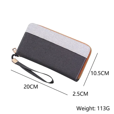 Men Long Canvas Wallet Contrast Color Splicing Zipper Clutch With Wristlet Strap Large Capacity Phone Purse Casual Style