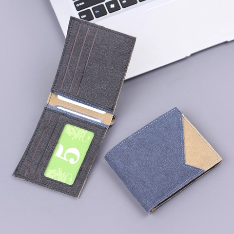 Portafoglio Bifold Da Uomo In Tela Denim Patchwork A Contrasto Sottile Porta Carte Di Credito Portamonete Casual Di Moda