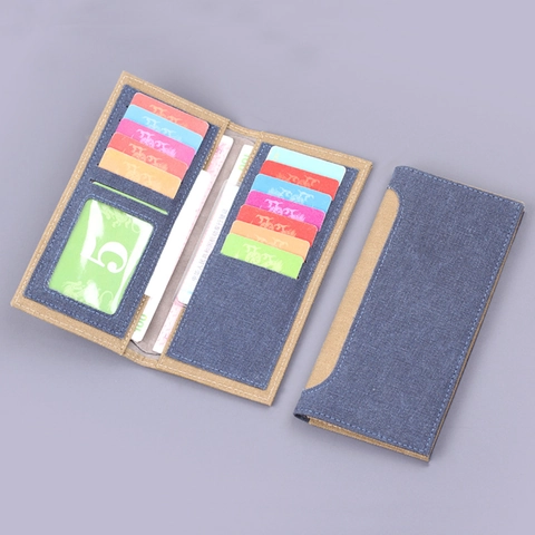 Portafoglio Lungo da Uomo in Denim e Tela Urbano Semplice Sottile Porta Carte di Credito Bifold con Cuciture a Giuntura 12 Slot per Carte