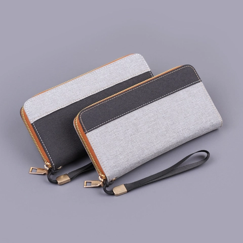Men Long Canvas Wallet Contrast Color Splicing Zipper Clutch With Wristlet Strap Large Capacity Phone Purse Casual Style