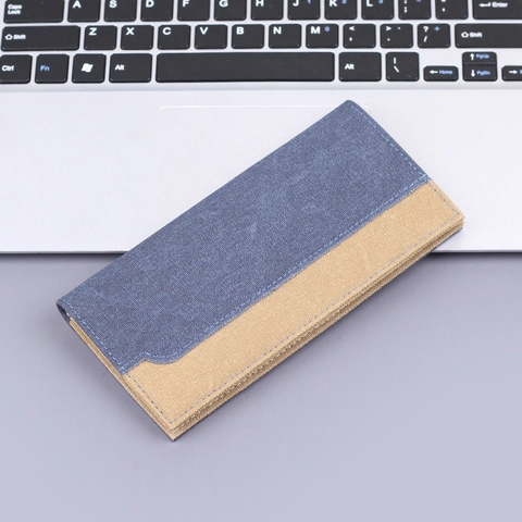 Portafoglio Lungo Uomo Sottile Tela Portacarte Bifold Patchwork Denim Tessuto Borsa Casuale Elegante