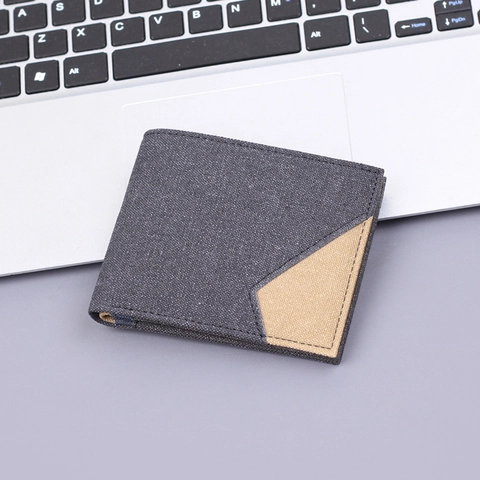 Men Short Bifold Wallet Casual Canvas Denim Patchwork Multi Card Slots Ultra Thin Minimalist Male Purse Money Clip Daily Gift