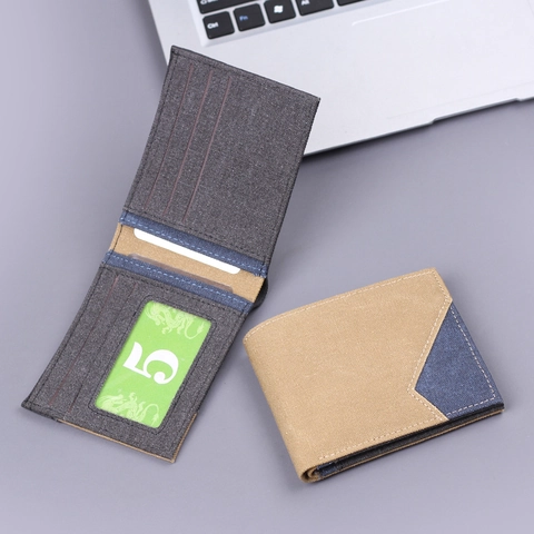 Men Short Bifold Wallet Casual Canvas Denim Patchwork Multi Card Slots Ultra Thin Minimalist Male Purse Money Clip Daily Gift