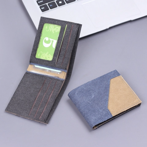 Cartera De Lona Para Hombre Bifold Delgada Corta Tarjetero Con Ventana De Identidad Bloque De Color Ligera