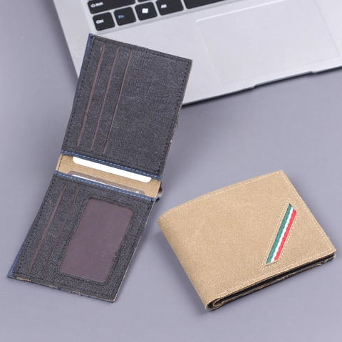 Portefeuille pour Homme Vintage en Canevas Pliable Denim Porte-Cartes Court Avec Ruban Rayé Trois Couleurs Sac Ultra Léger