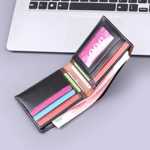 Men's Retro Short Bi-fold Wallet PU Leather Color Block Card Holder Slim Wallet With Multiple Card Slots ID Window Bill Compartments For Daily Business