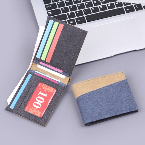 Cartera Bifold de Lona Casual para Hombre Vintage Diseño de Bloques de Color en Tela Denim con Ranuras para Tarjetas Estilo Minimalista