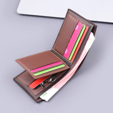 Heren Portemonnee Bifold PU Leer Kort Retro Color Block Kaarthouder Met Rits Muntzakje Zakelijke Portefeuille