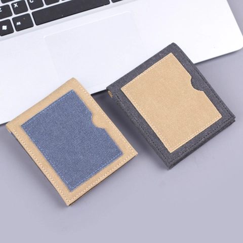 Men's Bifold Denim Canvas Wallet Short Patchwork Design With External Card Slot Lightweight Durable Casual Style Purse