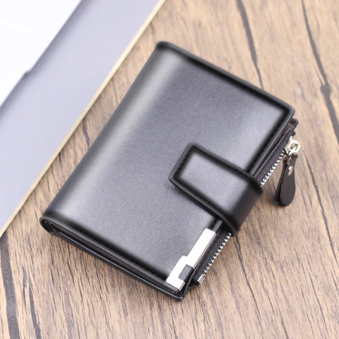 Cartera Vertical Corta para Hombre de Cuero PU Negocios Casual Multiranuras para Tarjetas Cremallera Monedero Hebilla Gran Capacidad