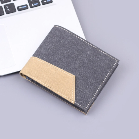 Cartera Corta de Lona para Hombre con Dos Pliegues Casual Denim Bloques de Color Múltiples Ranuras Cartera Delgada