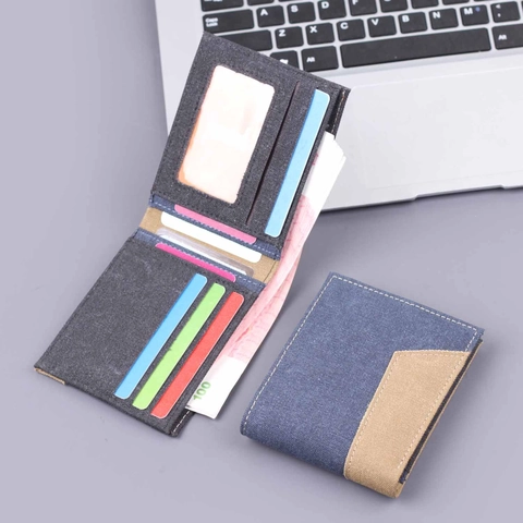 Cartera Corta de Lona para Hombre con Dos Pliegues Casual Denim Bloques de Color Múltiples Ranuras Cartera Delgada