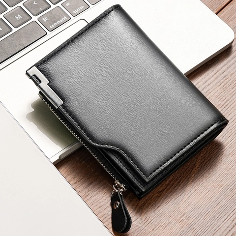 Herren Echtleder Brieftasche Kurz Vertikal Minimalistisch Mehrere Kartenslots Reißverschluss Münzfach Business Geldklammer