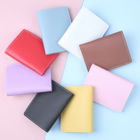 Minimalist Women Mini PU Leather Card Holder Wallet Bifold Slim Credit Card Purse Contrast Stitching Macaron Color Drivers License Cover