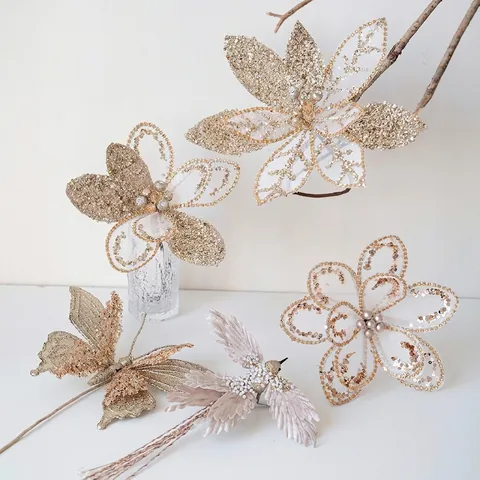 Champagner Gold Glitzer Weihnachtsblume Netz Künstliche Blumen Ornamente Für Weihnachtsbaum Party Zuhause Deko Dekoration