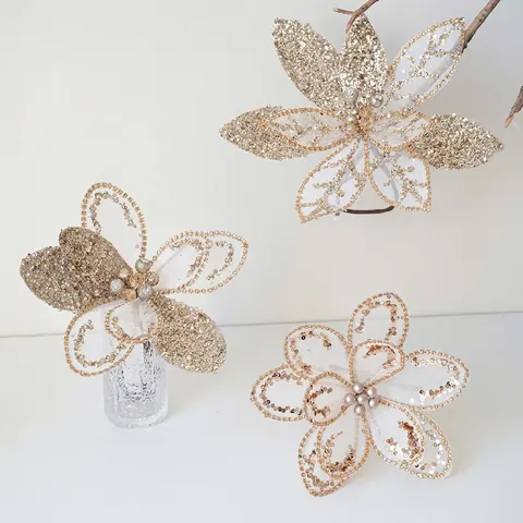 Elegante Champagner Gold Weihnachtsblumen Netz Künstliche Blumen Pailletten Perlen Für Weihnachtsbaum Dekoration Party Heimschmuck