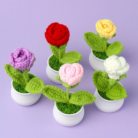 Handmade Crochet Rose Potted Plant Mini Knitted Yarn Flower Desktop Ornament Home Office Decor Aesthetic Gift