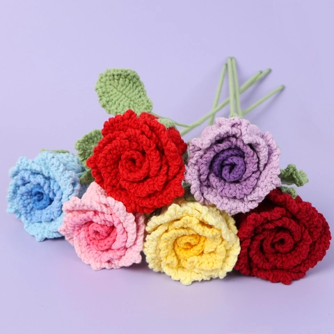 Handmade Crochet Rose Flower Knitted Yarn Artificial Eternal Floral Stem For Valentine Gift Birthday Home Decoration