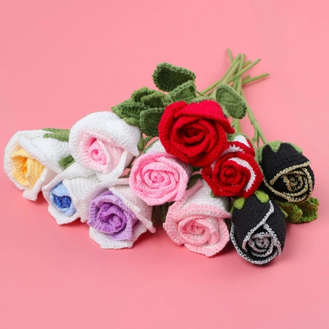 Branche De Rose Crochetée À La Main Bouquet De Fleurs Tricotées En Fil Décoration De Maison Mariage Cadeau De Saint Valentin Accessoires Photo Réaliste