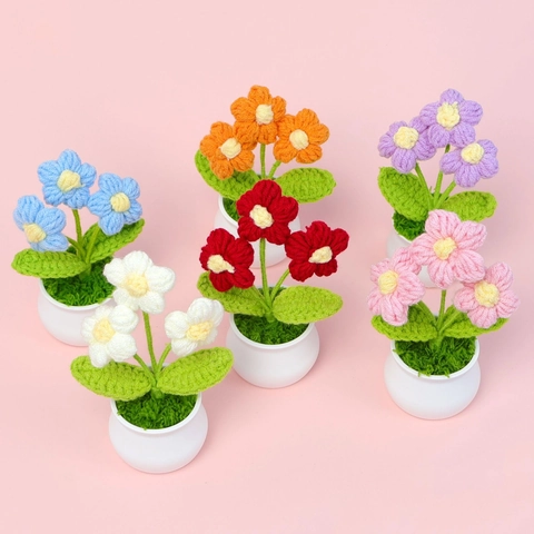 Planta en Maceta de Flor de Puff de Ganchillo Hecha a Mano Mini Flor Artificial de Punto para Decoración de Oficina Hogar