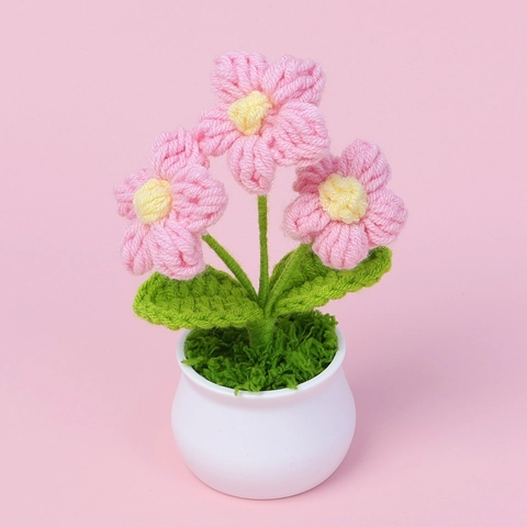 Planta en Maceta de Flor de Puff de Ganchillo Hecha a Mano Mini Flor Artificial de Punto para Decoración de Oficina Hogar