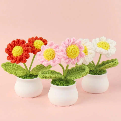 Handmade Crochet Daisy Potted Plant Dual Flower Artificial Yarn Daisy With Ceramic Pot For Home Office Desk Car Decor Gift