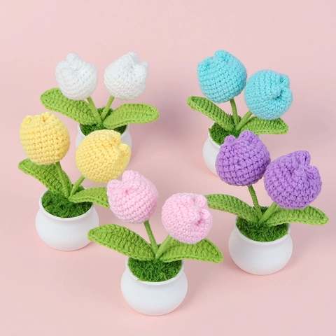 Handmade Crochet Tulip Potted Plant Double Flower Desktop Ornament Artificial Knitted Flower Gift For Home Office Decoration